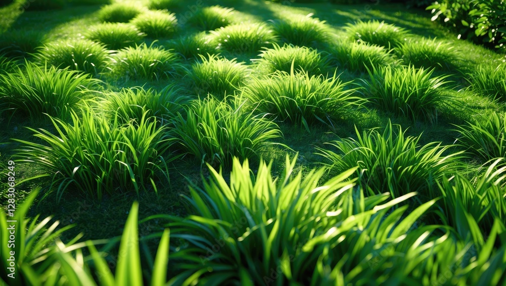 Poster lush green grass texture with dynamic shadows creating depth in a vibrant garden landscape. nature b