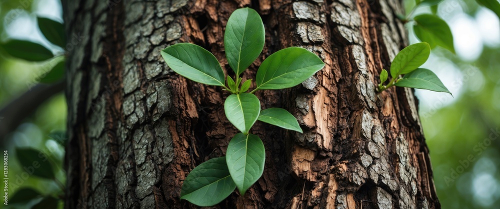 Poster close-up of textured tree trunk featuring vibrant green leaves in natural setting showcasing the bea
