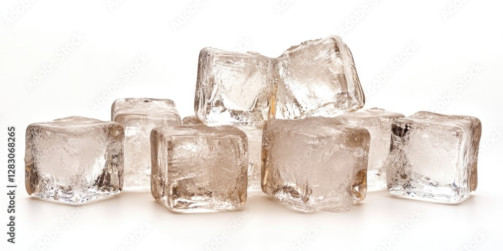 Aufkleber Clear ice cubes stacked asymmetrically on a clean white background with a shiny surface reflecting light; cool tones creating a refreshing visual.