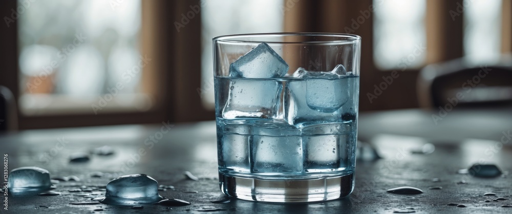 Poster Refreshing glass of cold water with ice cubes on a table creating a serene ambiance with empty space for custom text or branding.
