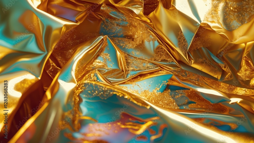 Poster textured gold foil abstract background with vibrant glimmers and folds creating a luxurious and arti