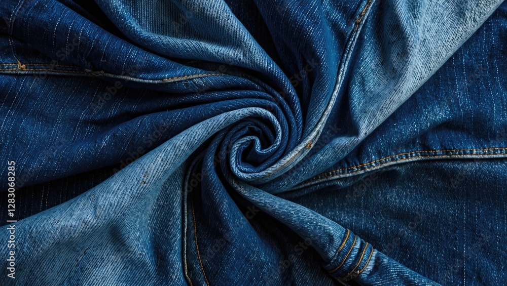 Poster detailed close up of blue denim fabric showcasing texture and intricate patterns in a spiral design 