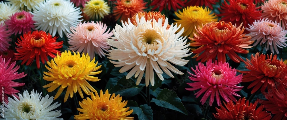 Aufkleber vibrant display of multicolored chrysanthemums in full bloom showcasing white yellow red pink and go