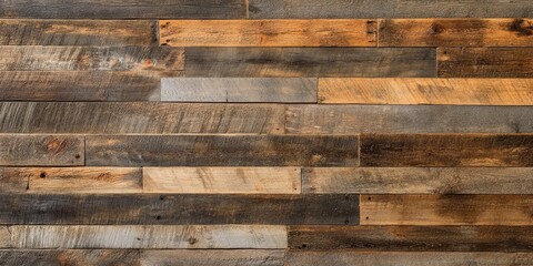 Naklejka premium Rustic wooden wall collage featuring varying shades of brown, gray, and warm tones, arranged horizontally in a textured pattern for a vintage look.