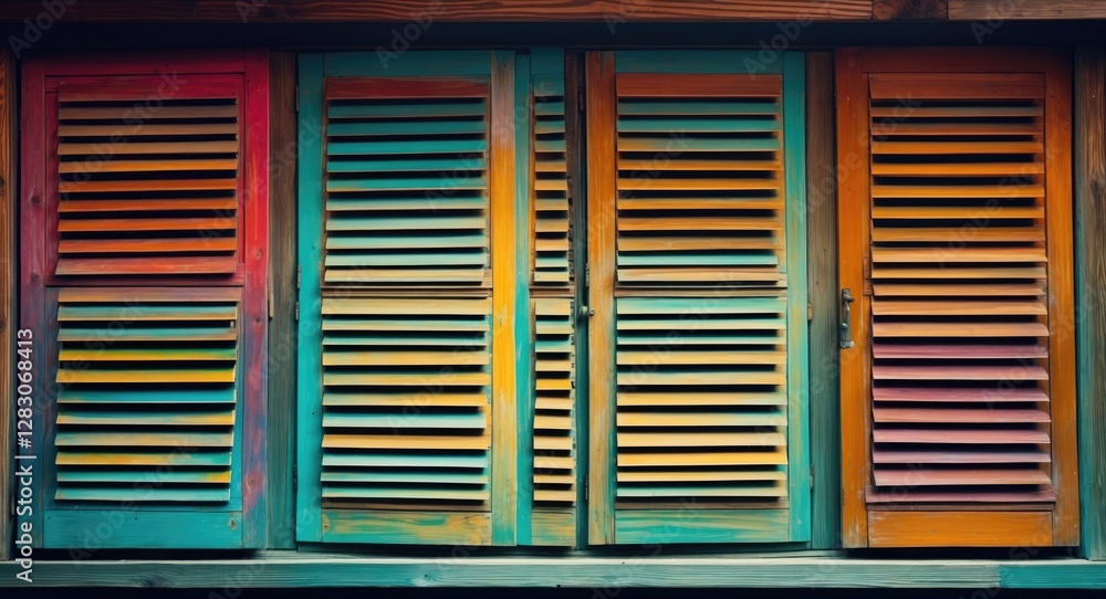 Poster Colorful wooden window shutters creating a vibrant texture and pattern against a rustic background in a charming architectural setting.
