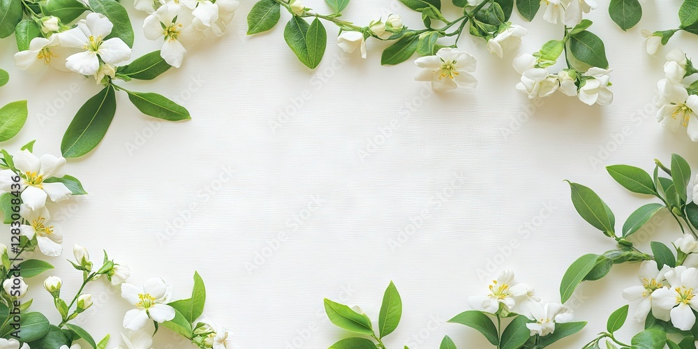 Aufkleber delicate white jasmine blooms and lush green foliage arranged on a light backdrop framing a blank ca