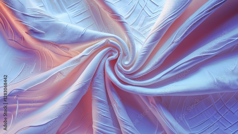 Poster Elegant swirling fabric texture in soft white hues showcasing intricate details and smooth lines for a stylish background design.