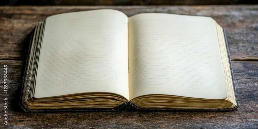 Poster Open blank notebook resting on a rustic wooden table with a rich dark brown texture showcasing empty pages for notes or sketches.