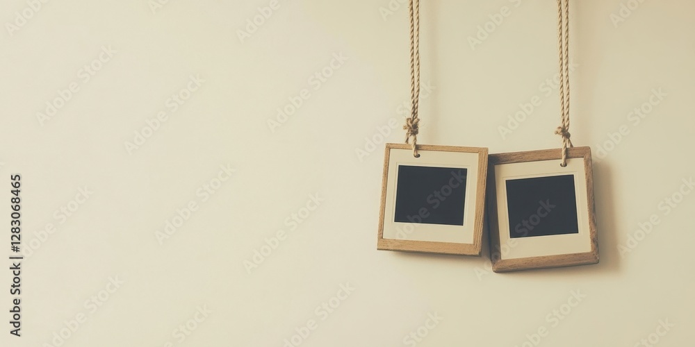 Aufkleber retro polaroid frames in wood hanging from a rope on a light beige background adding a nostalgic tou
