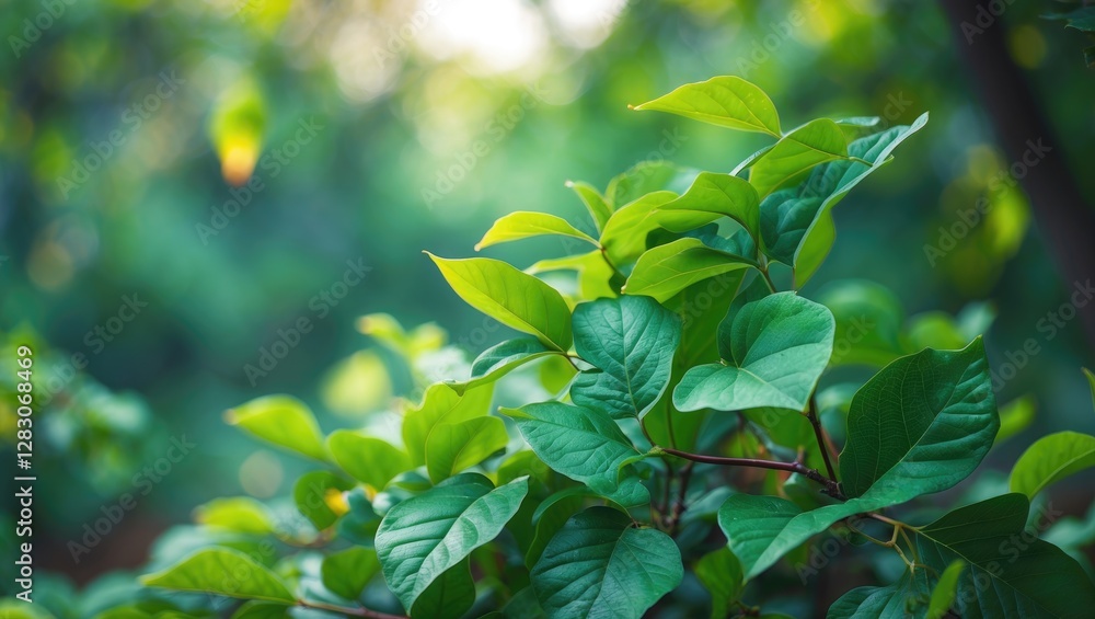 Poster lush green leaves with a soft focus background creating a serene and tranquil nature scene in a vibr