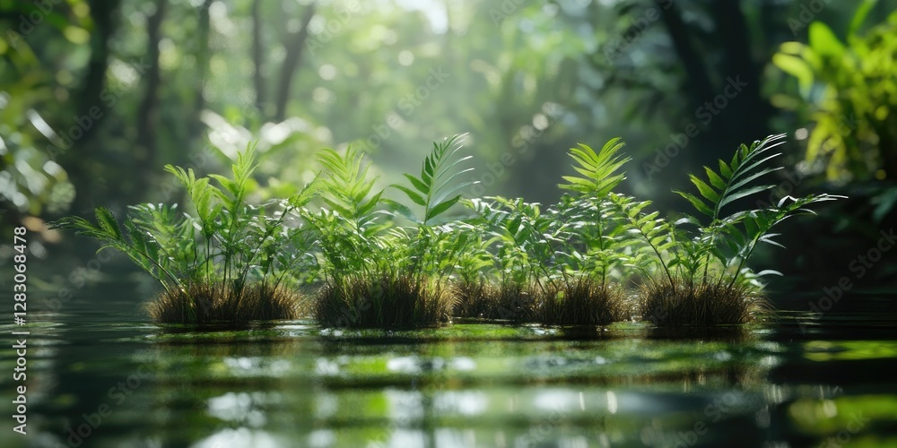 Aufkleber Lush green ferns and grass clusters emerge from a serene, reflective water surface in a vibrant tropical forest setting, with soft sunlight filtering through trees.