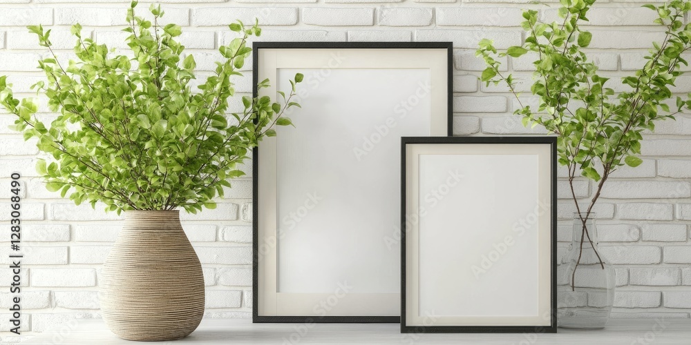 Poster minimalist interior design with two black-framed empty picture frames positioned centrally on a ligh