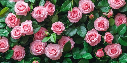 Fototapeta premium Flat lay of delicate pink roses with lush green leaves, arranged symmetrically across a dark background, creating a vibrant, floral tapestry.