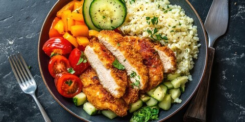 Keto meal featuring golden fried chicken breast with sliced cucumbers, cherry tomatoes, diced squash, and cauliflower rice on a dark stone background.