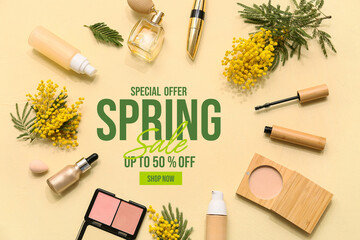 Banner with text SPRING SALE, decorative cosmetics and mimosa flowers