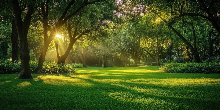 Serene park scene bathed in morning light with lush green grass and trees casting soft shadows creating a tranquil natural backdrop
