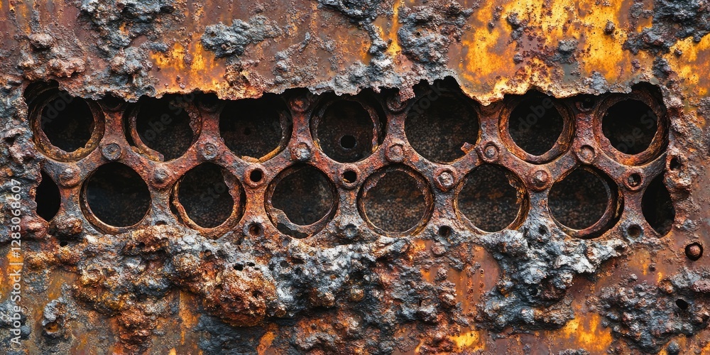 Poster rusty metallic surface with circular cutouts showcasing textured orange and brown corrosion patterns