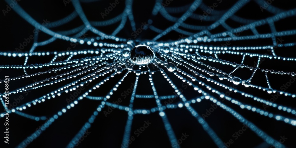 Poster macro photography of a spider web with numerous dew drops glistening on the strands against a dark b