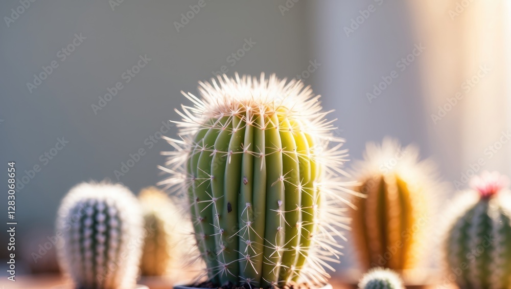 Poster Close-Up of a Vibrant Mini Cactus with Gradient Coloration and Delicate Spines in a Bright Natural Setting