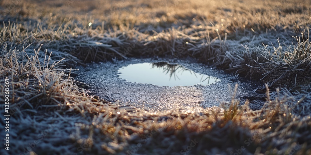 Poster Frosty ground with a circular puddle reflecting morning light surrounded by grass displaying a subtle gradient of cool tones and soft textures.