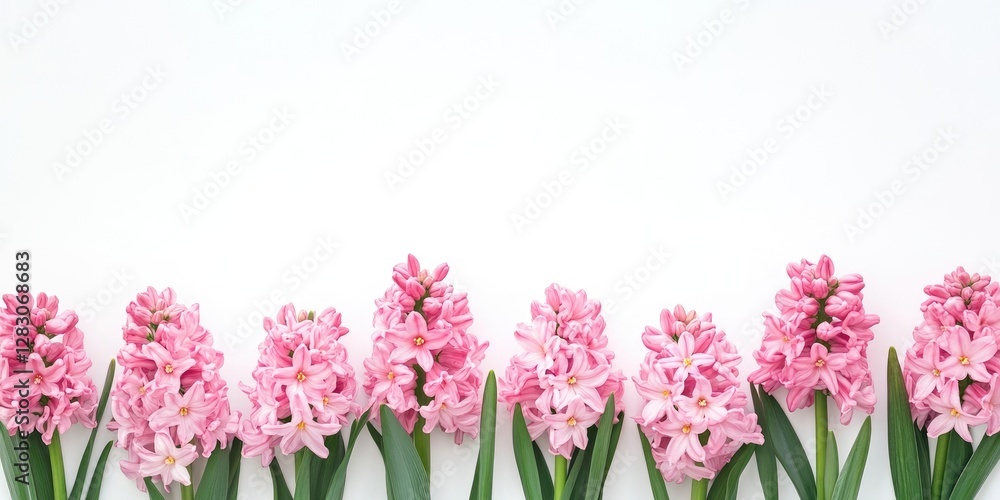 Poster minimalistic arrangement of pink hyacinth flowers on a white background with ample space for overlay