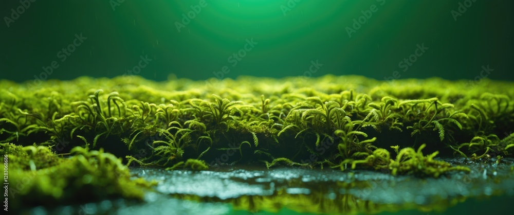 Poster Lush green moss carpet on damp soil with soft lighting creating a serene natural environment and enhancing the beauty of nature.
