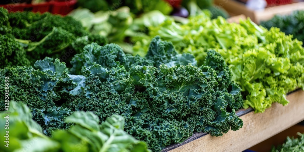 Poster fresh green kale and lettuce varieties displayed on a wooden table at a vibrant market with lush gre