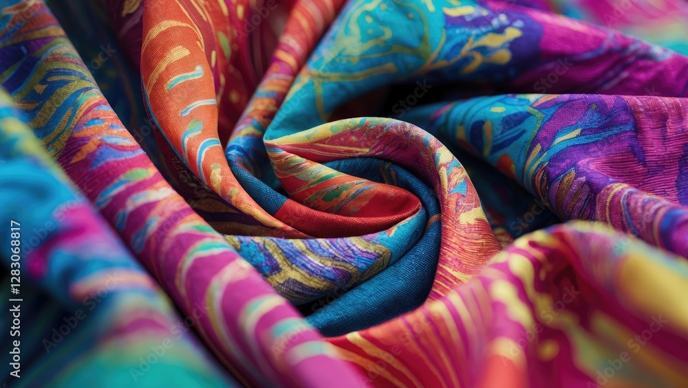 Poster vibrant close-up of swirling colorful fabric texture showcasing intricate patterns and rich hues for
