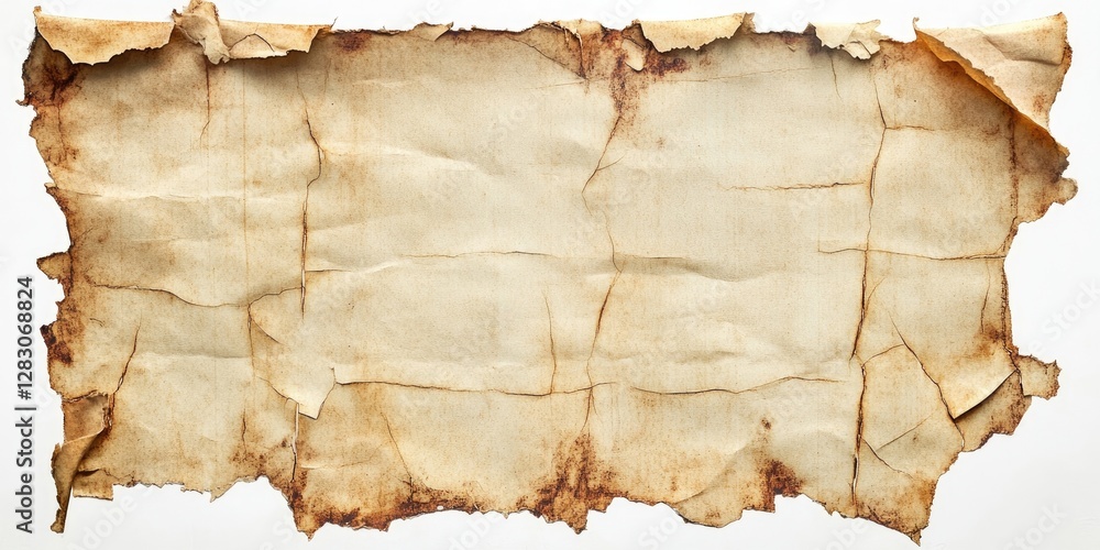 Poster Torn grunge paper texture with brown edges displayed on a clean white background showcasing subtle creases and a vintage aesthetic.
