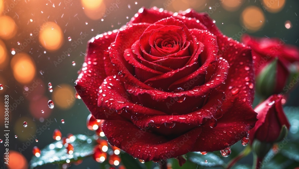 Aufkleber Close up of a vibrant red rose with droplets of water and a soft bokeh background creating an enchanting and romantic atmosphere.
