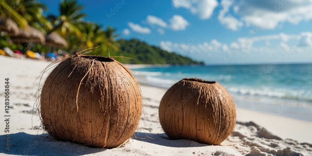 Aufkleber coconuts on a tropical beach with white sand and clear blue sea under a bright sky creating a serene