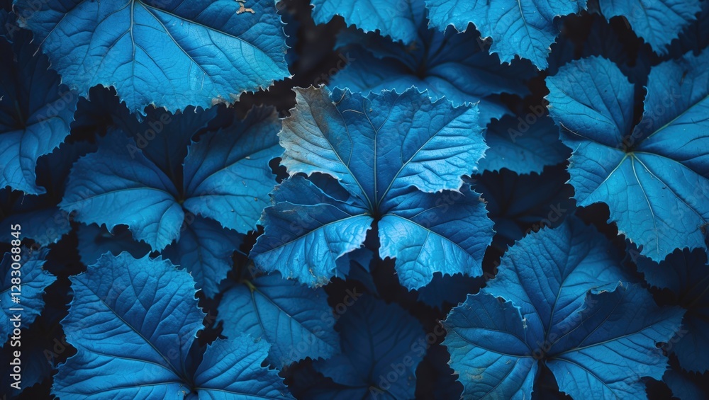 Poster close up of vibrant blue textured leaves creating a unique vintage pattern ideal for backgrounds or 