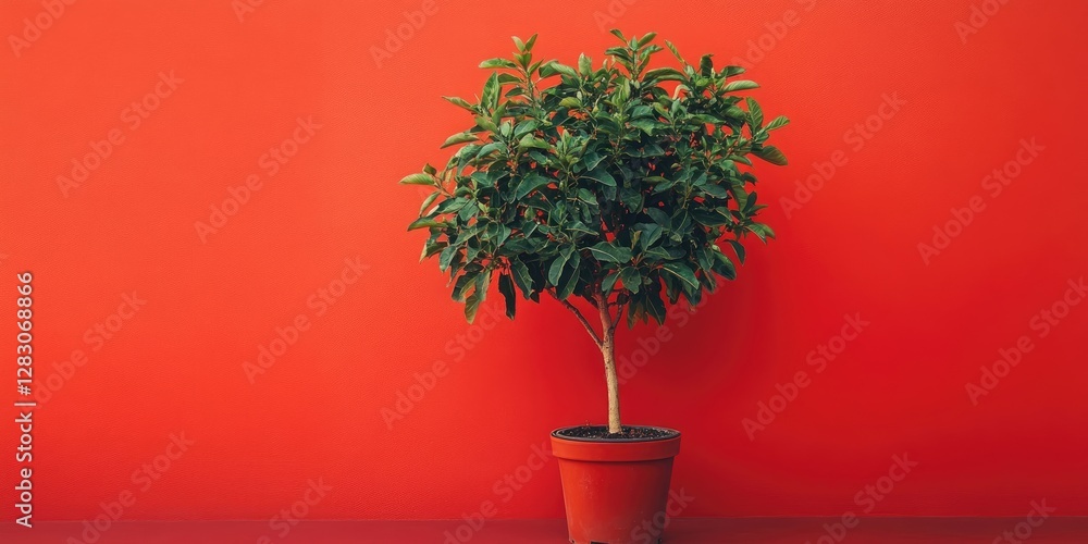 Poster pepper tree in a round black pot centered against a vibrant red wall showcasing lush green foliage c