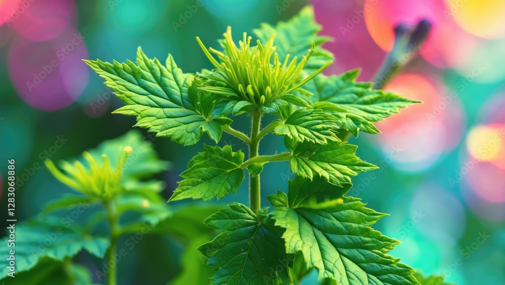 Poster closeup of vibrant green nettle plant with delicate leaves and a colorful bokeh background capturing
