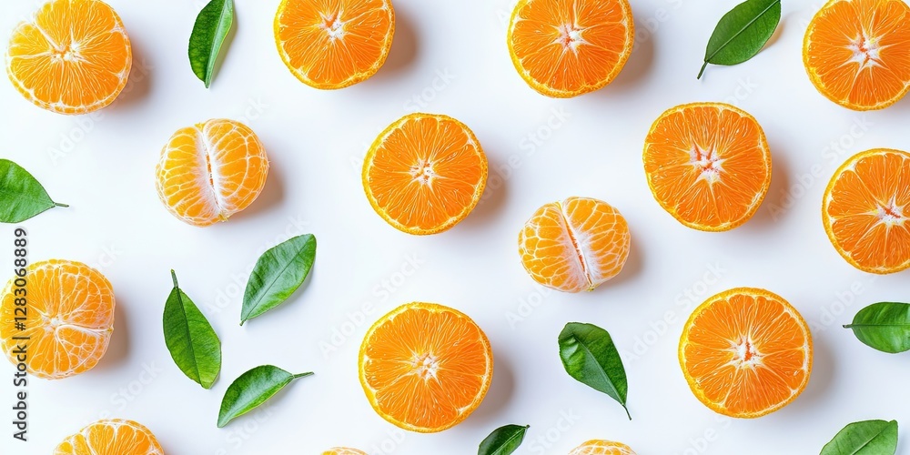 Aufkleber sliced mandarin oranges arranged artfully on a white background with green leaves creating a vibrant