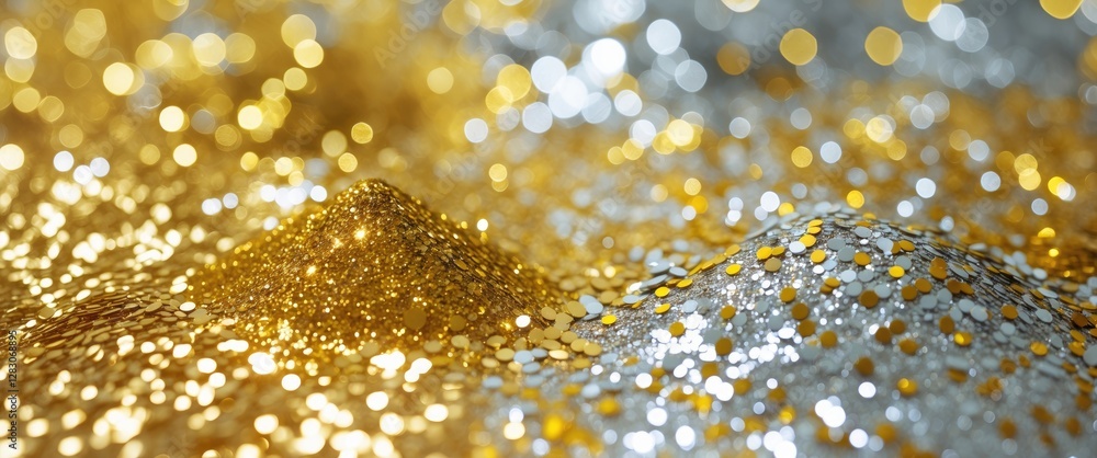 Poster gold and silver glitter bokeh texture creating a shimmering abstract background ideal for festive or