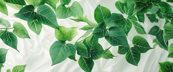 Vibrant green leaves elegantly arranged on a soft white background showcasing nature's beauty and tranquility in a minimalist style