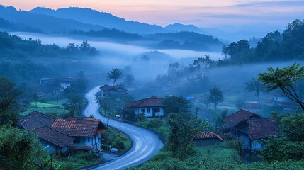 misty dawn in a village countryside scene with a winding road disappearing into the fog as the morning sunrise brings a warm glow over the tranquil and scenic natural beauty