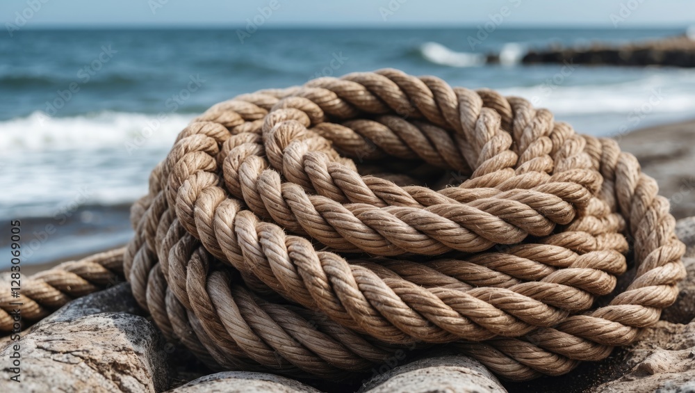 Poster Coiled sisal rope resting on rocky shoreline with ocean waves in the background creating a serene coastal atmosphere.