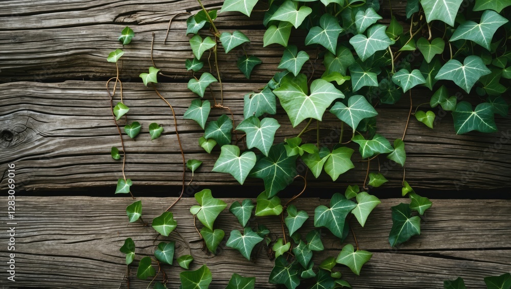 Aufkleber ivy leaves cascading over weathered wooden planks creating a natural rustic backdrop for design them