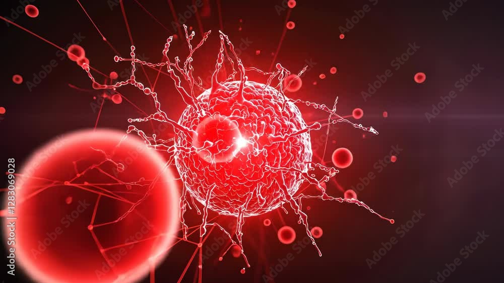 Poster vibrant red virus particle with intricate details and strands microscopic view exploring complex str
