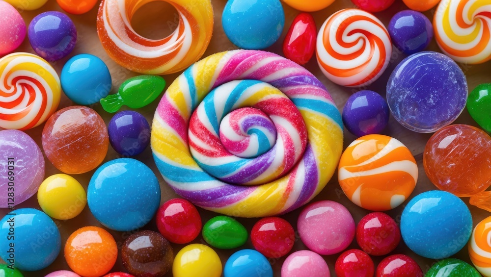 Poster vibrant assortment of assorted candies with colorful lollipops and gumdrops creating a delightful, e
