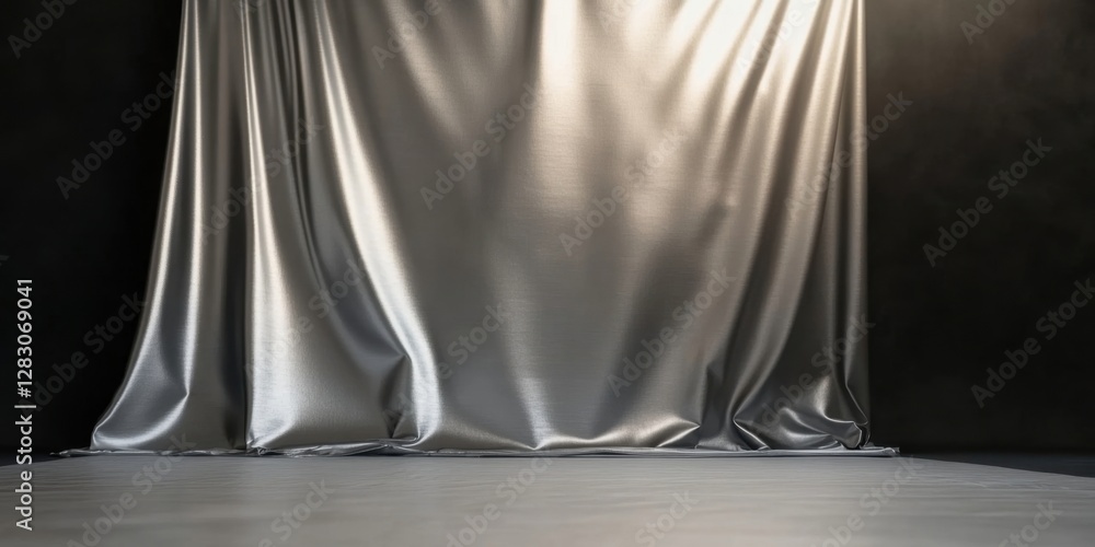 Poster silver drapery on dark wall with smooth texture and soft lighting for versatile backdrop ideal for p