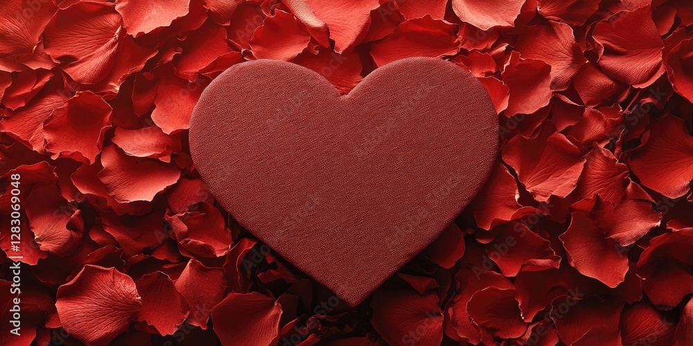 Poster red heart shape centered against a rich backdrop of vibrant red rose petals creating a romantic and 