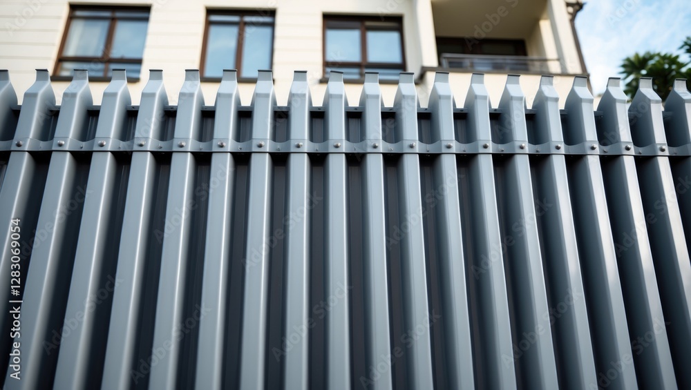 Poster grey corrugated metal fence with sharp peaks in front of a modern residential building showcasing sl