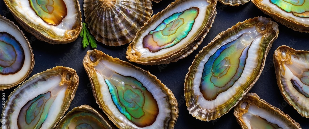 Poster Close Up of Fresh and Colorful Raw Abalone Shells Showcasing Unique Patterns and Textures on Dark Background for Culinary Uses