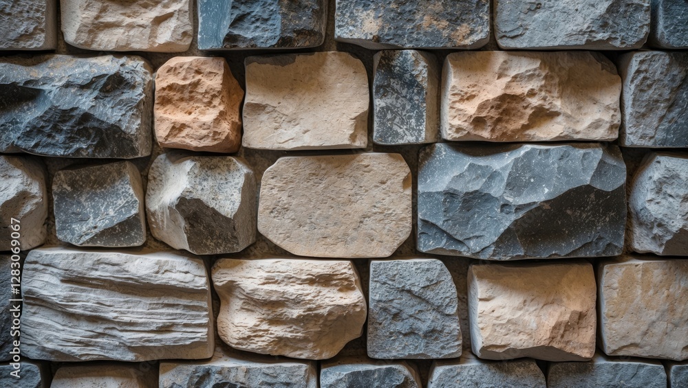 Poster closeup of textured stone wall featuring a variety of colors and shapes ideal for architectural or n