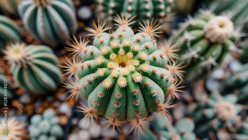 Poster vibrant closeup of a cactus showing intricate details and spines in a diverse garden setting filled 