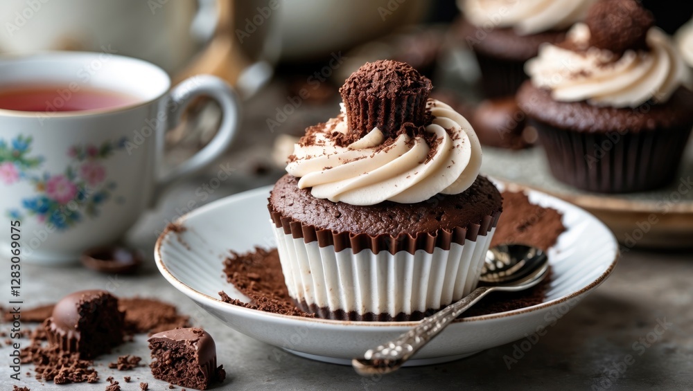 Aufkleber chocolate cupcake with creamy frosting and a cup of tea, featuring a rustic setting and space for te