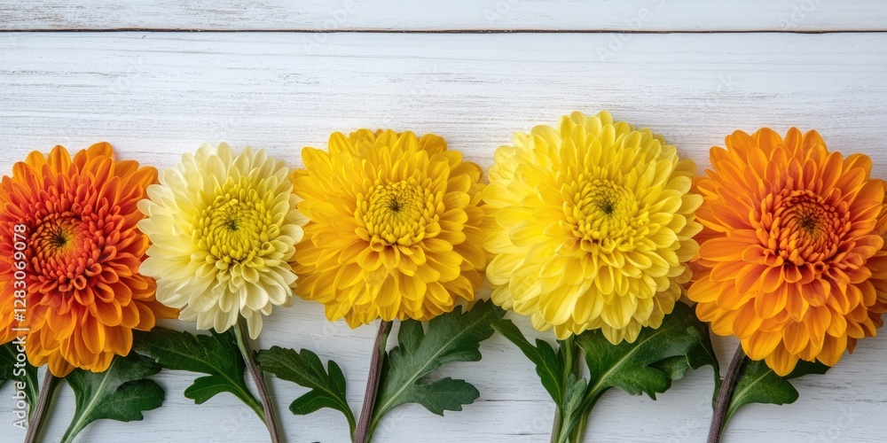 Aufkleber colorful row of vibrant yellow and orange chrysanthemums arranged on a rustic white wooden backgroun